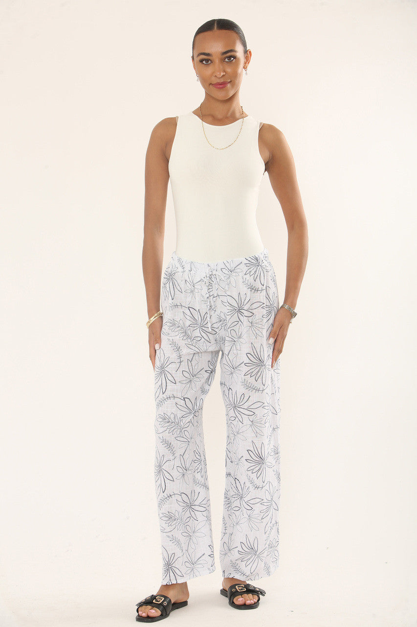 BOTANICAL FLORAL PRINT COTTON TROUSERS - WHITE
