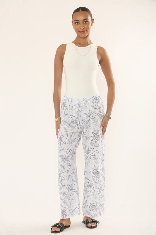 KATOENEN BROEK MET BOTANISCHE BLOEMENPRINT - WIT