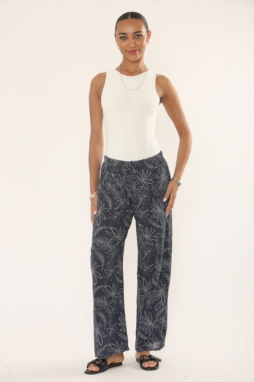 BOTANICAL FLORAL PRINT COTTON TROUSERS - NAVY