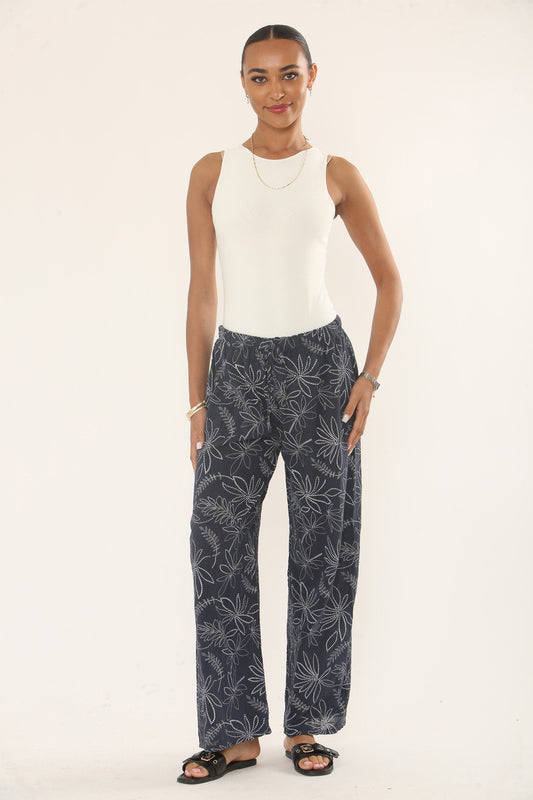 KATOENEN BROEK MET BOTANISCHE BLOEMENPRINT - NAVY