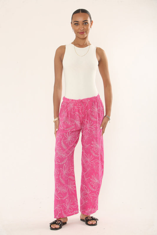 KATOENEN BROEK MET BOTANISCHE BLOEMENPRINT - CERISE