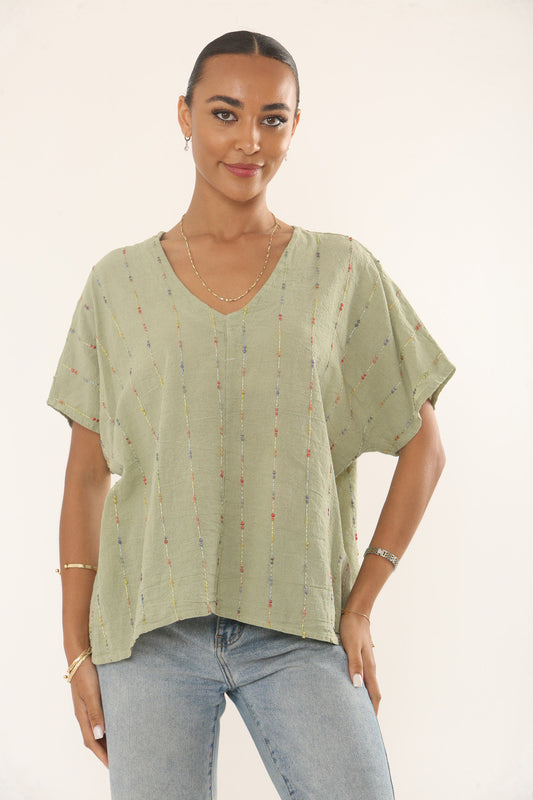 MULTICOLOUR STRIPE EMBROIDERED V-NECK TOP -SAGE GREEN