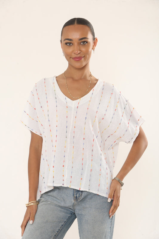 MULTICOLOUR STRIPE EMBROIDERED V-NECK TOP - WHITE