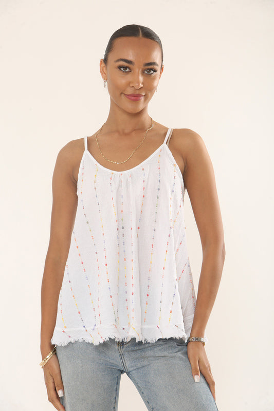 MULTICOLOUR VERTICAL EMBROIDERED TANK TOP - WHITE