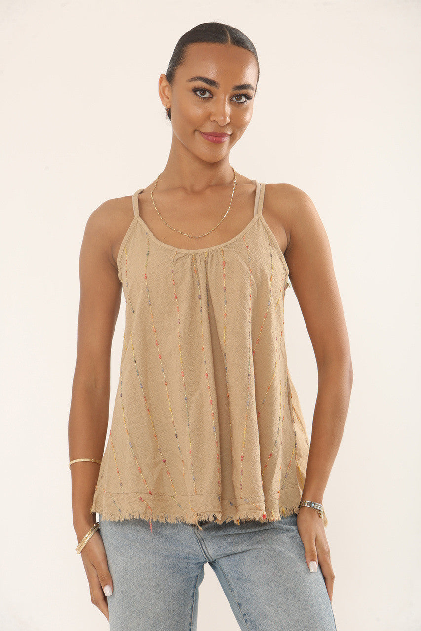 MEERKLEURIGE VERTICAAL GEBORDUURDE TANKTOP - CAMEL