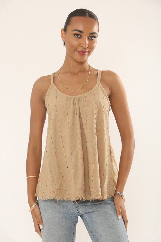 MULTICOLOUR VERTICAL EMBROIDERED TANK TOP - CAMEL
