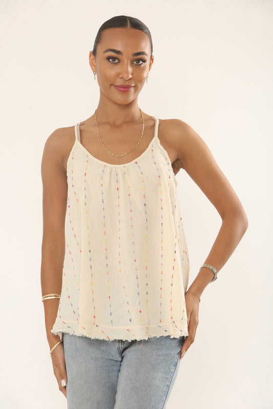 MULTICOLOUR VERTICAL EMBROIDERED TANK TOP - CREAM