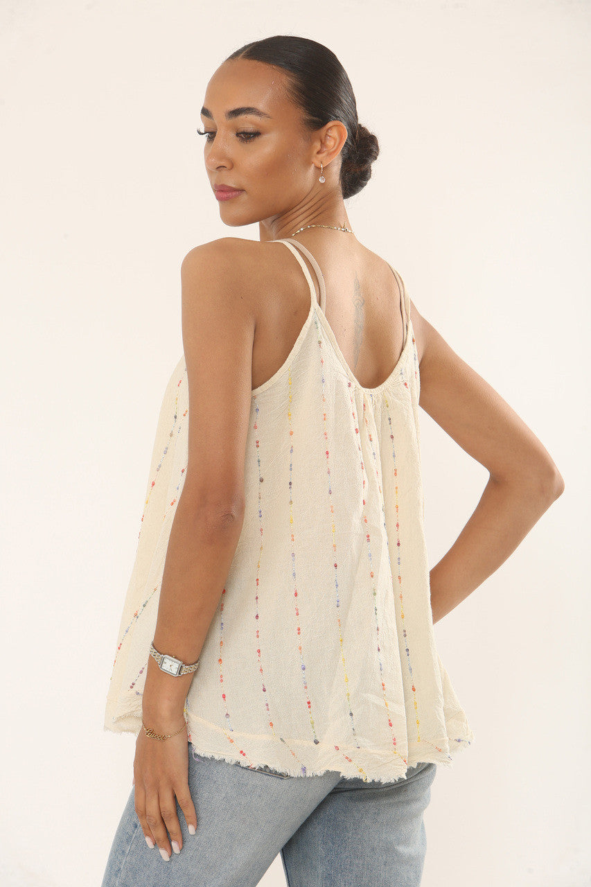 MULTICOLOUR VERTICAL GEBORDUURDE TANKTOP - CRÈME