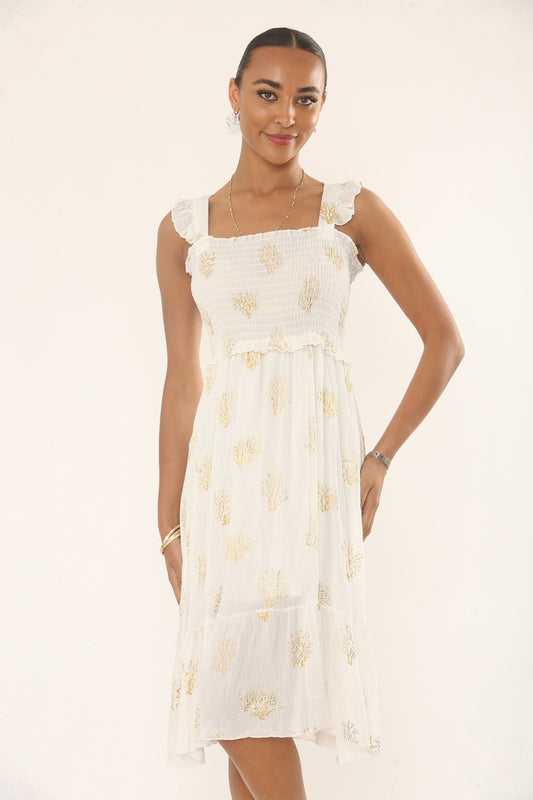 GOLD LEAF SMOCKED MIDI DRESS - IVORY