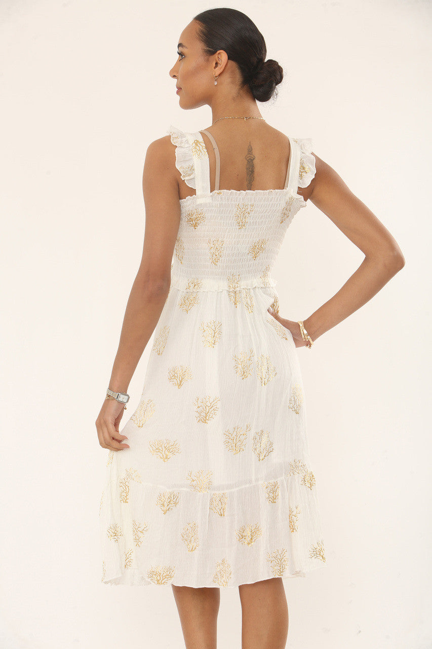 GOLD LEAF SMOCKED MIDI DRESS - IVORY