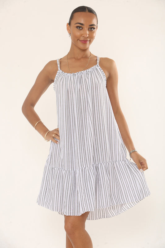 GESTREEPTE JURK MET RUFFLES - WIT/ZWART