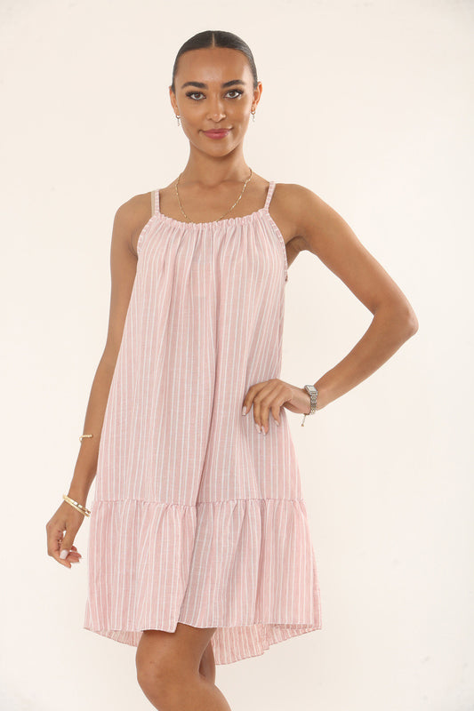 GESTREEPTE ZONNEJURK MET RIMPELROEZELZOOM - BLUSH ROZE