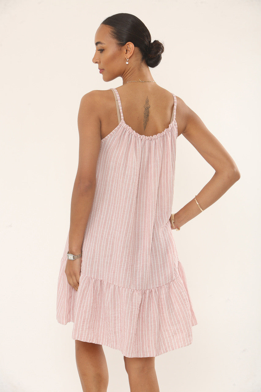 GESTREEPTE ZONNEJURK MET RIMPELROEZELZOOM - BLUSH ROZE