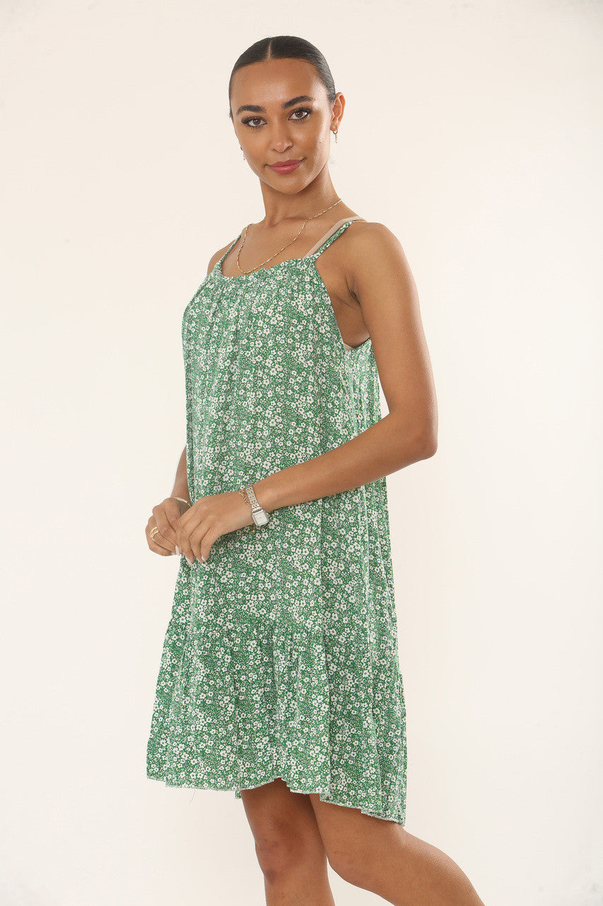 FLORALE ZOMERJURK MET SPAGHETTIBANDJES - GROEN
