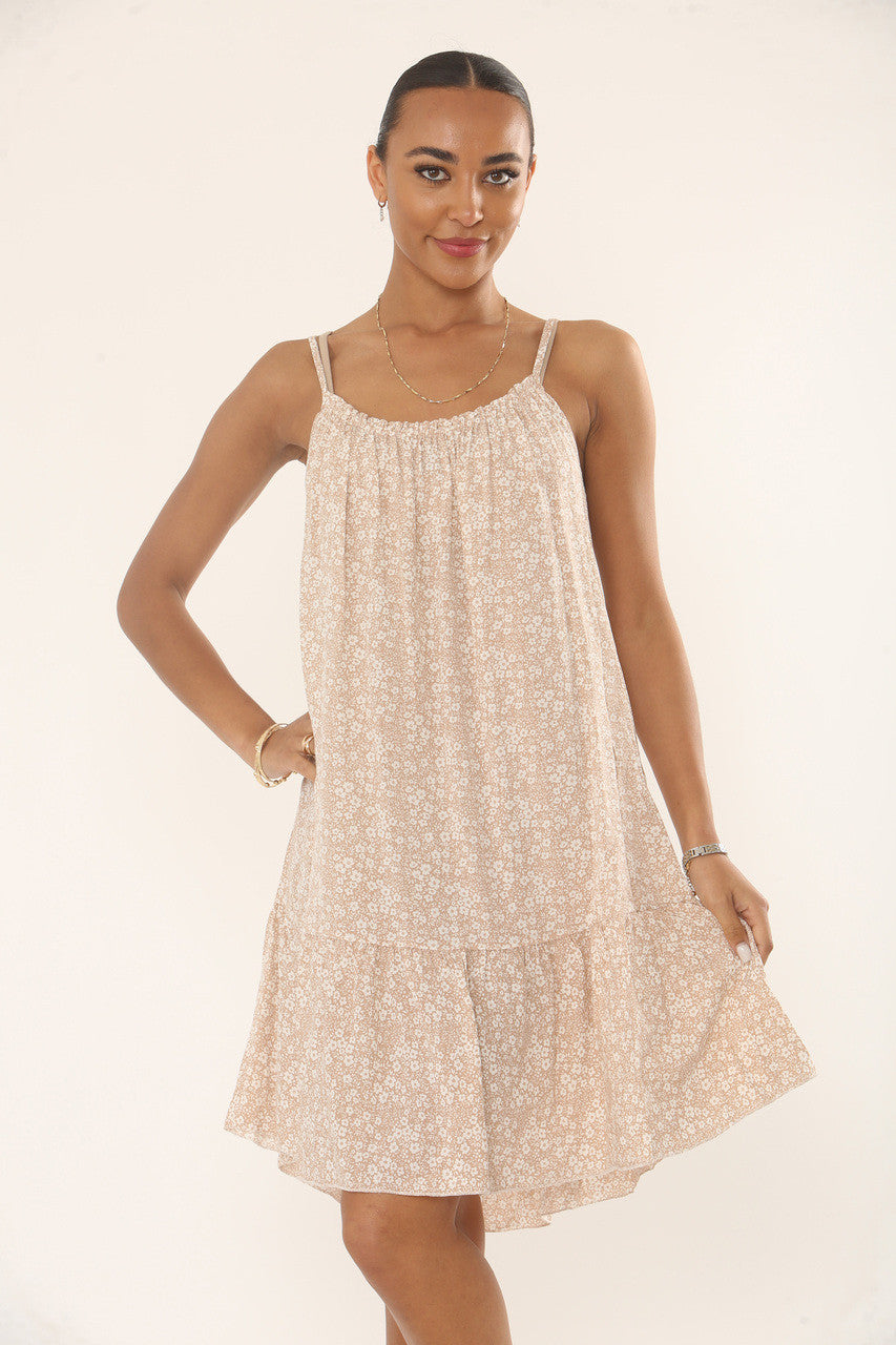 FLORALE SPAGHETTIJURK - ZACHT BEIGE