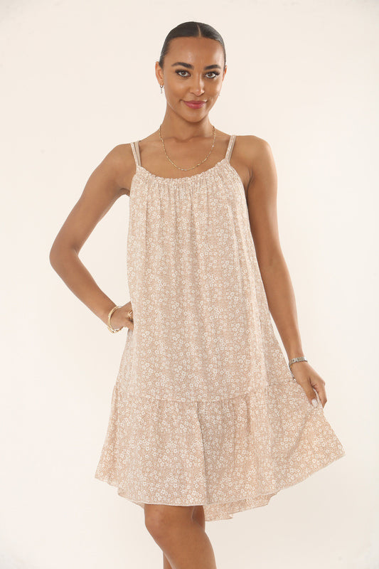 FLORAL SPAGHETTI-STRAP SUNDRESS - SOFT BEIGE