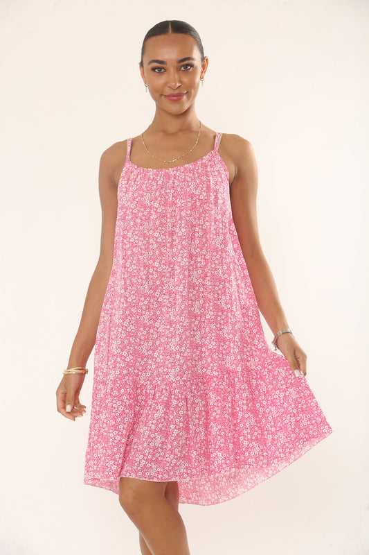 FLORAL SPAGHETTI-STRAP SUNDRESS - BRIGHT PINK