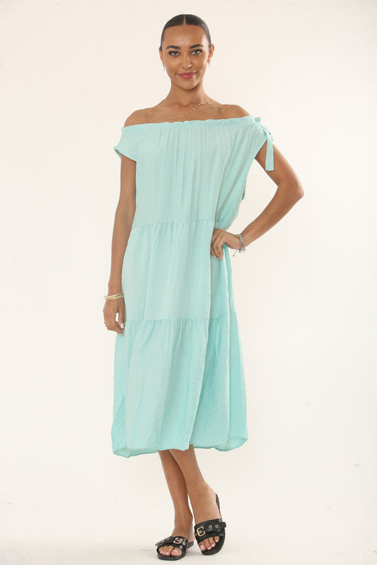 OFF-SHOULDER TIERED MIDI DRESS - AQUA BLUE