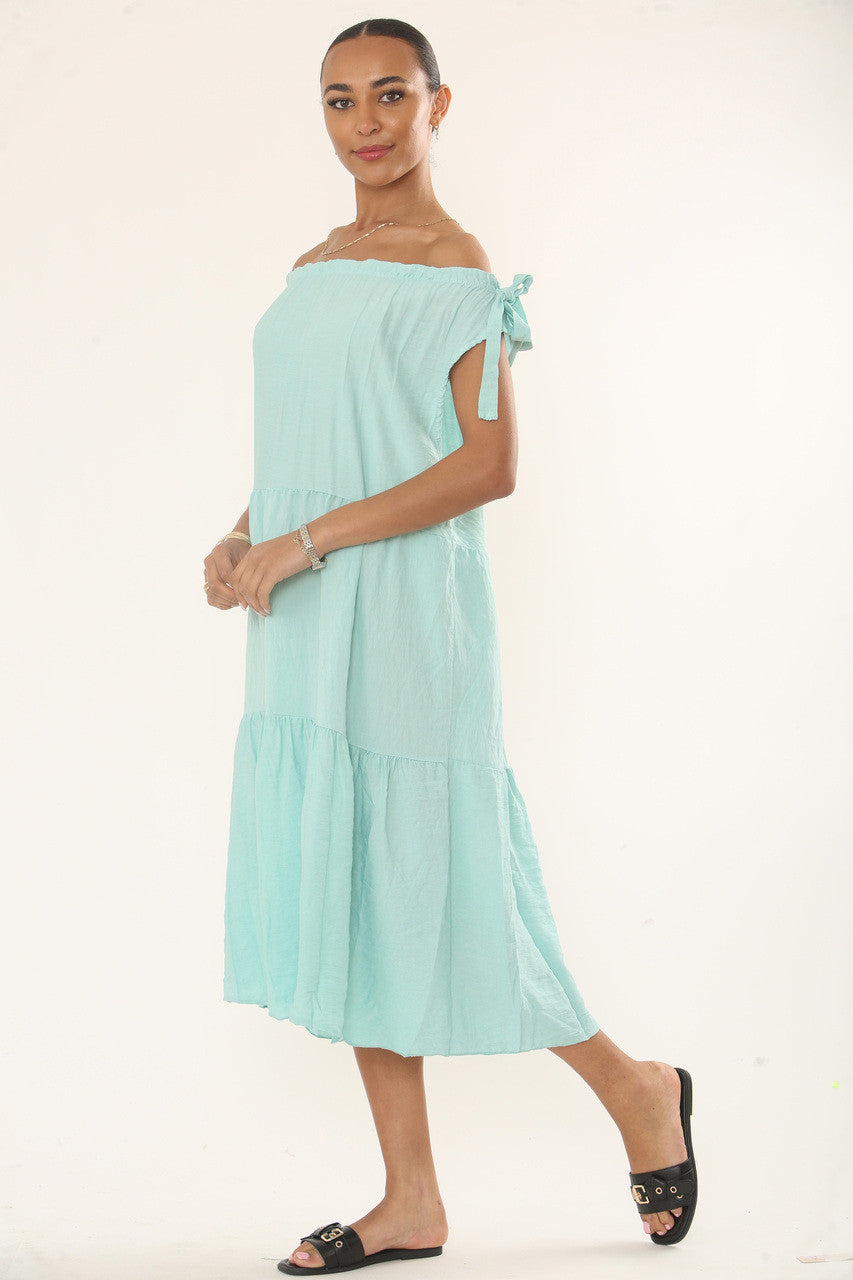 OFF-SHOULDER TIERED MIDI DRESS - AQUA BLUE