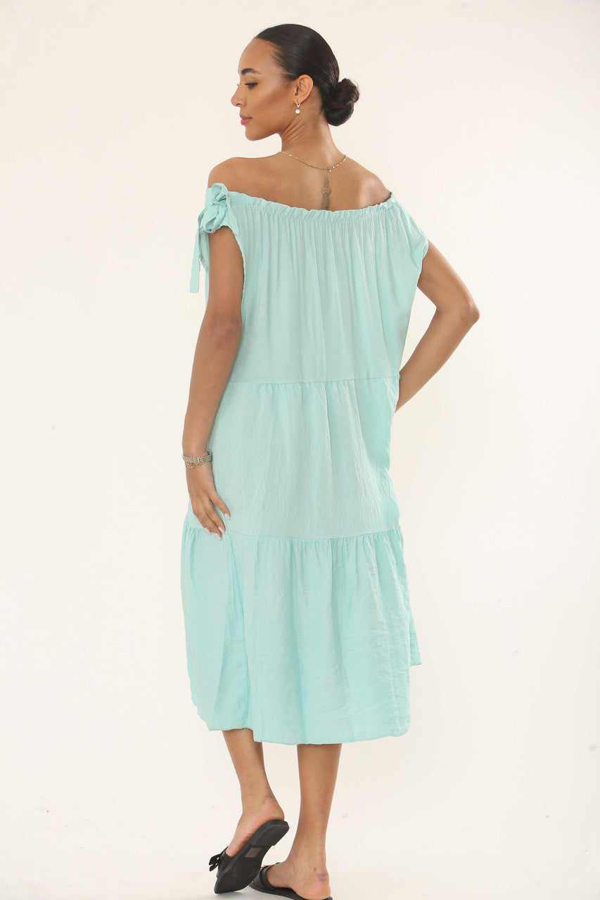 OFF-SHOULDER TIERED MIDI DRESS - AQUA BLUE