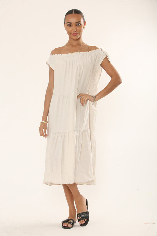 OFF-SHOULDER TIERED MIDI DRESS - NATURAL BEIGE