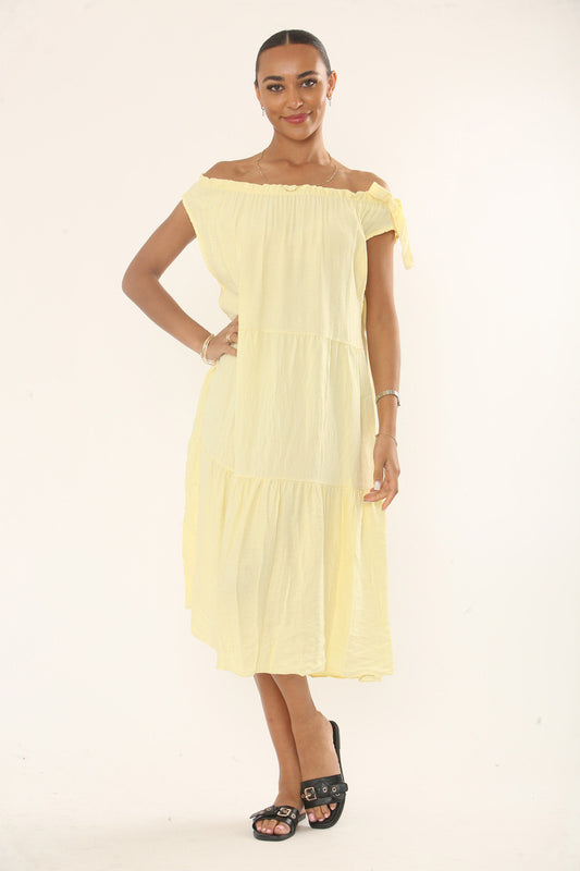 OFF-SHOULDER TIERED MIDI DRESS - LEMON