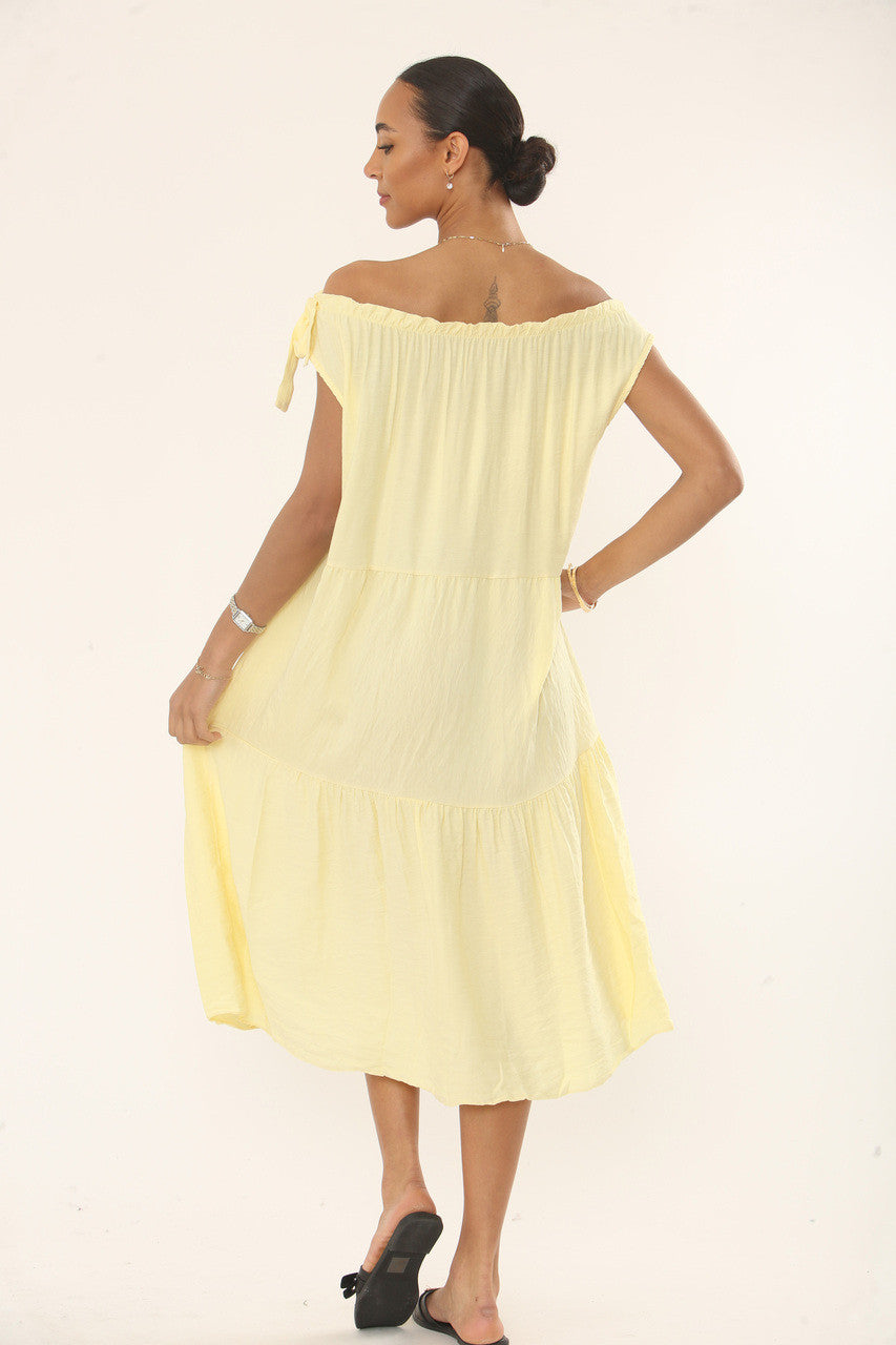 OFF-SHOULDER MIDI JURK MET LAGEN - CITROENGEEL