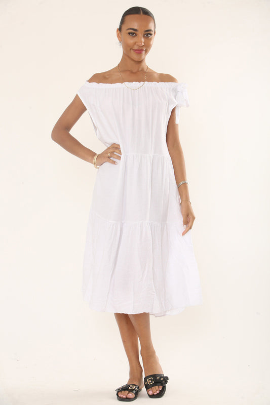 OFF-SHOULDER TIERED MIDI DRESS - WHITE