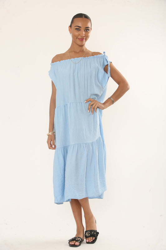 OFF-SHOULDER TIERED MIDI DRESS - POWDER BLUE