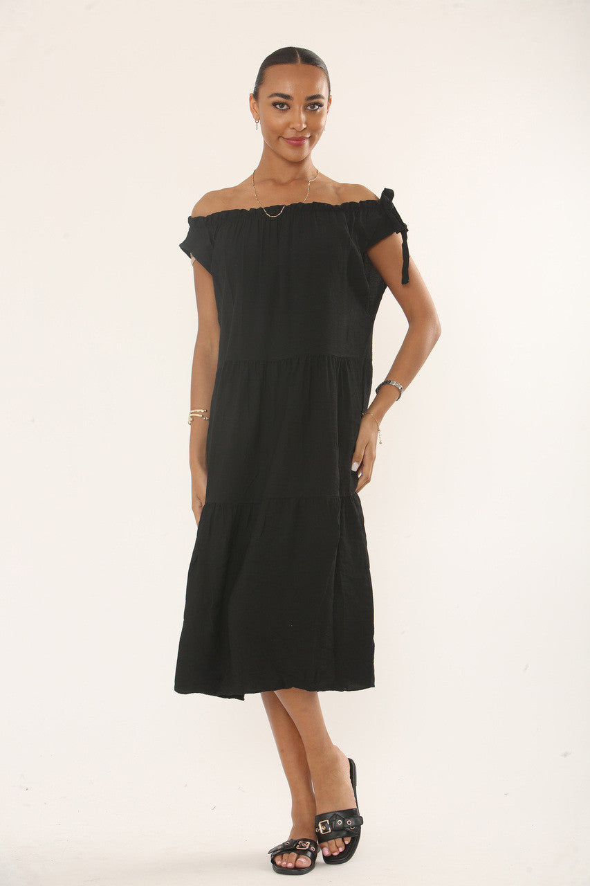 OFF-SHOULDER MIDI JURK MET LAGEN - ZWART