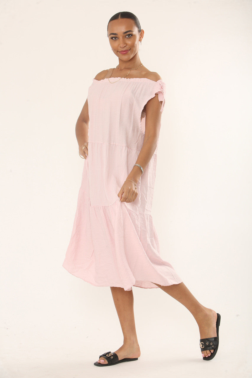 OFF-SHOULDER MIDI JURK MET LAGEN - ZACHTROZE