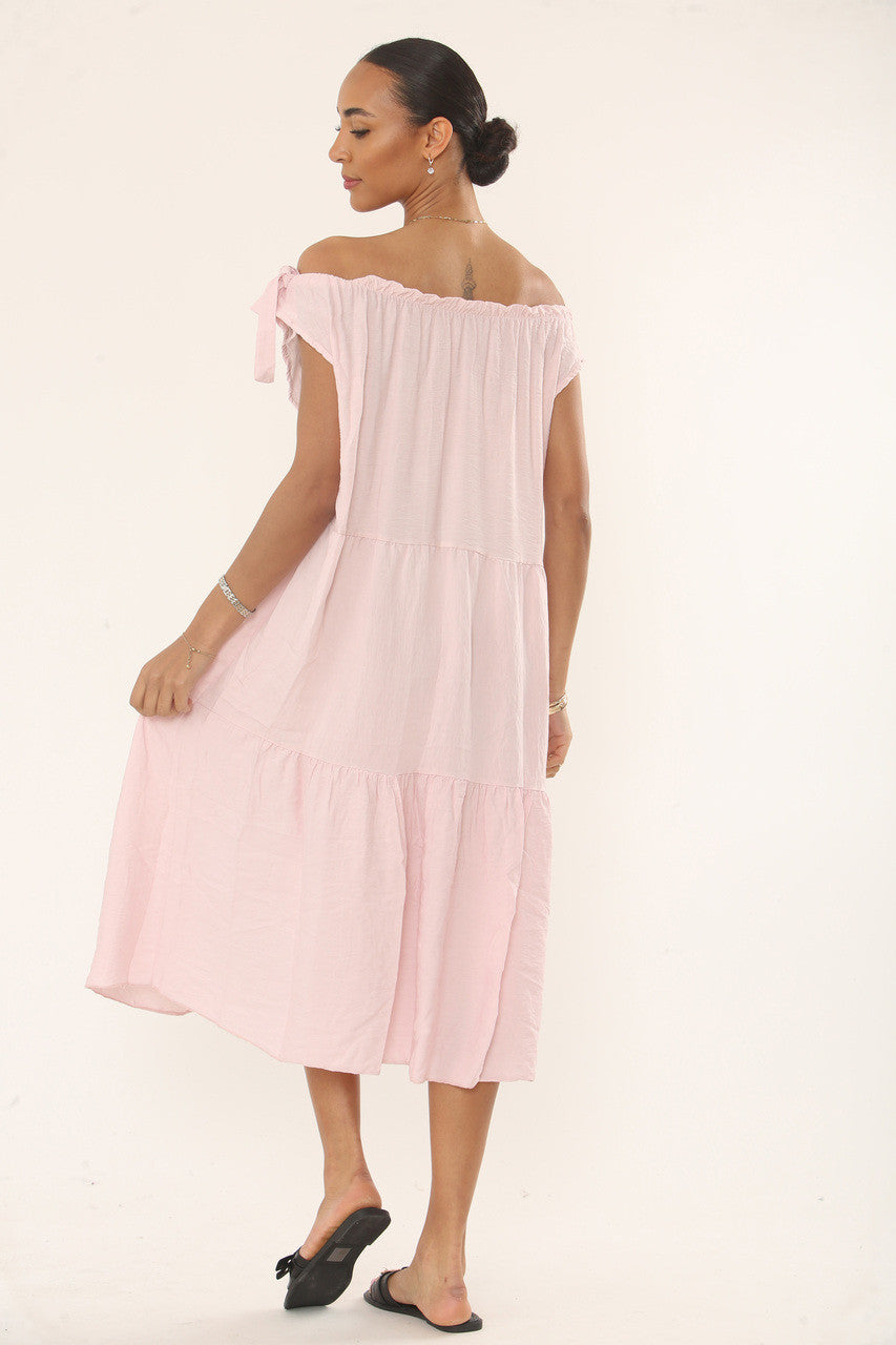 OFF-SHOULDER MIDI JURK MET LAGEN - ZACHTROZE