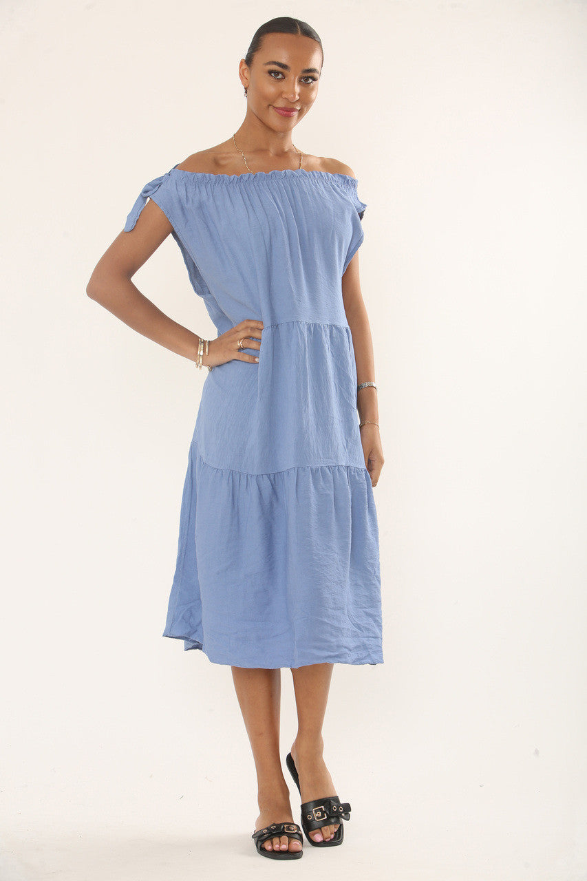 OFF-SHOULDER TIERED MIDI DRESS - DUSTY BLUE