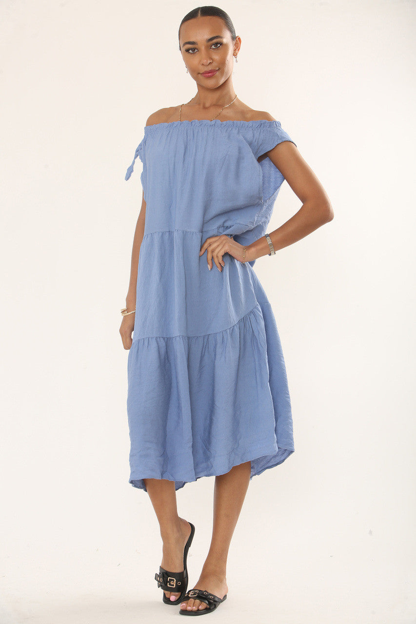 OFF-SHOULDER TIERED MIDI DRESS - DUSTY BLUE