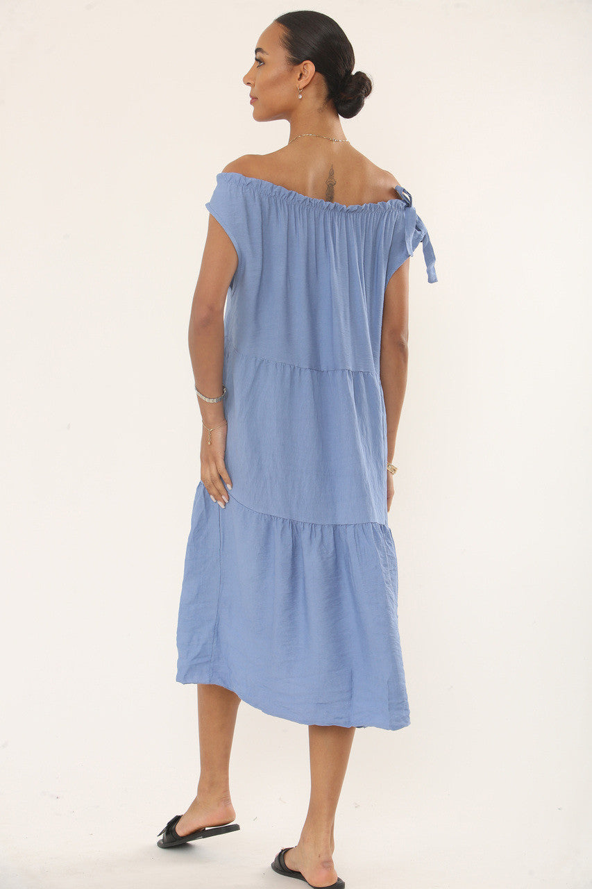 OFF-SHOULDER TIERED MIDI DRESS - DUSTY BLUE