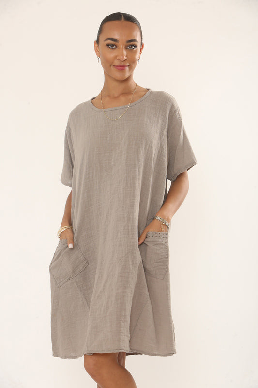 LACE POCKET TUNIC DRESS - TAUPE