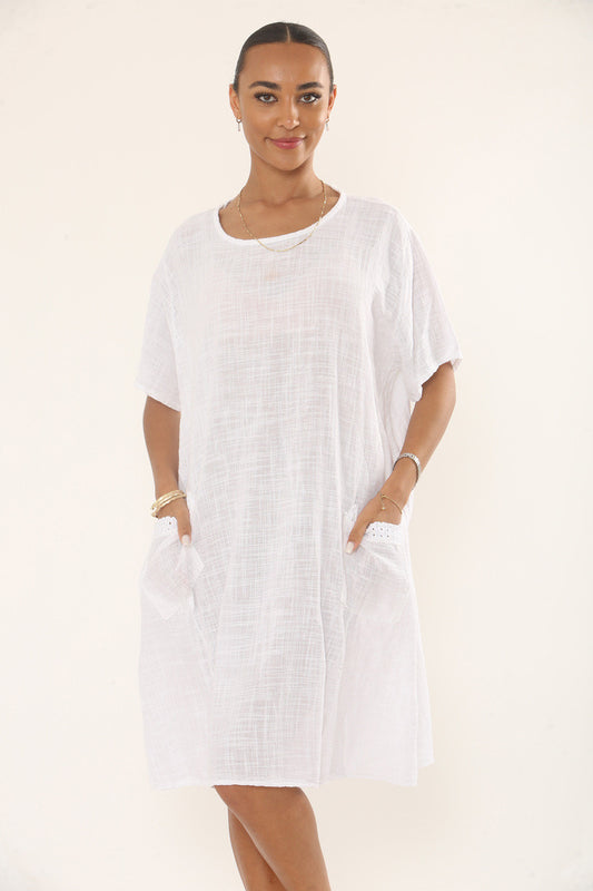 LACE POCKET TUNIC DRESS - WHITE