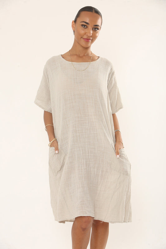 LACE POCKET TUNIC DRESS - STONE
