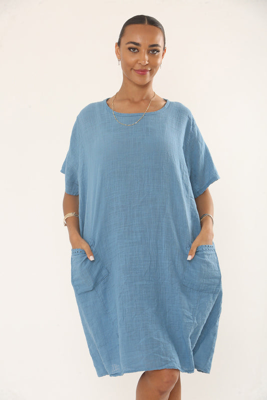 LACE POCKET TUNIC DRESS - DENIM