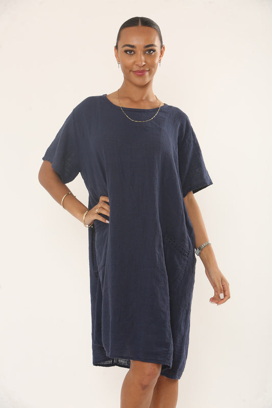 LACE POCKET TUNIC DRESS - NAVY