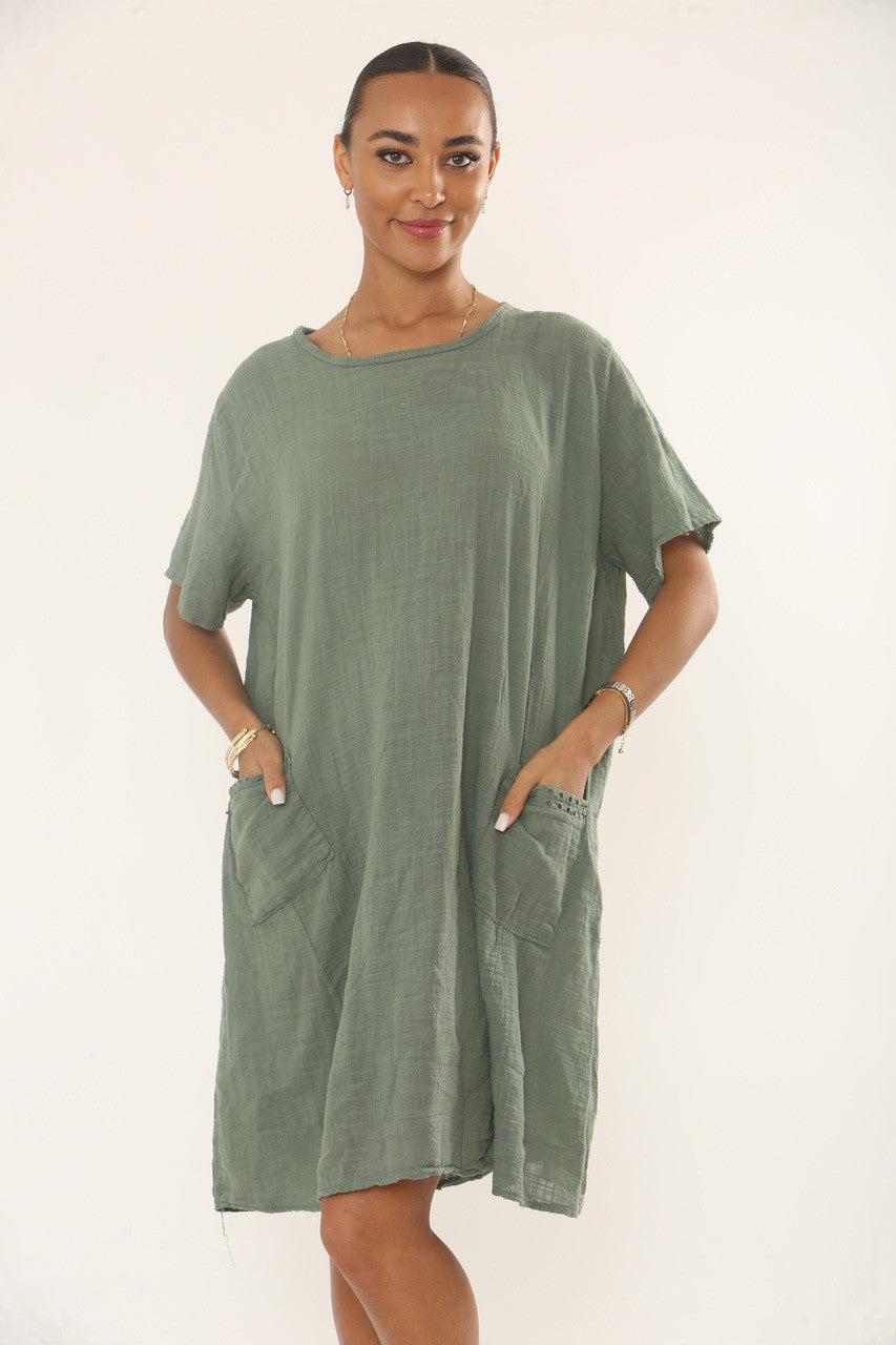 LACE POCKET TUNIC DRESS - KHAKI