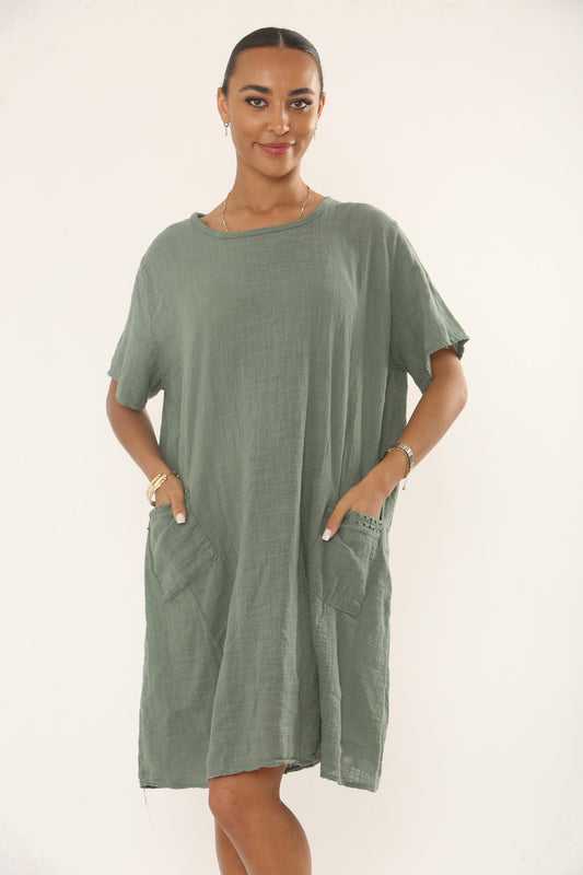 LACE POCKET TUNIC DRESS - KHAKI
