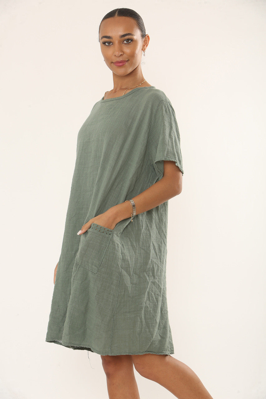 LACE POCKET TUNIC DRESS - KHAKI