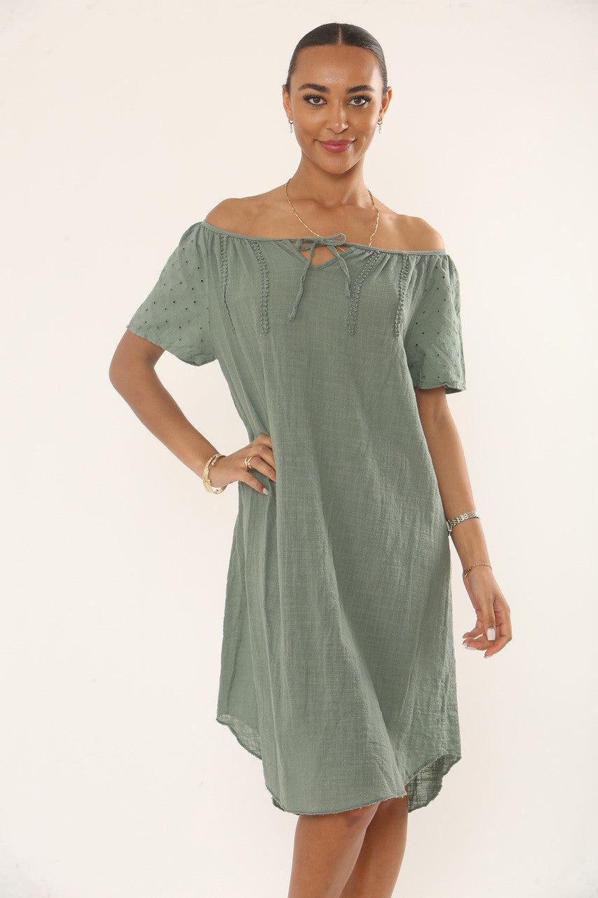 EMBROIDERED EYELET COTTON DRESS  - SAGE GREEN