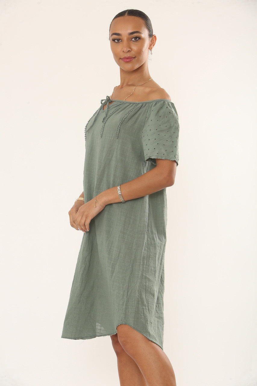 EMBROIDERED EYELET COTTON DRESS  - SAGE GREEN