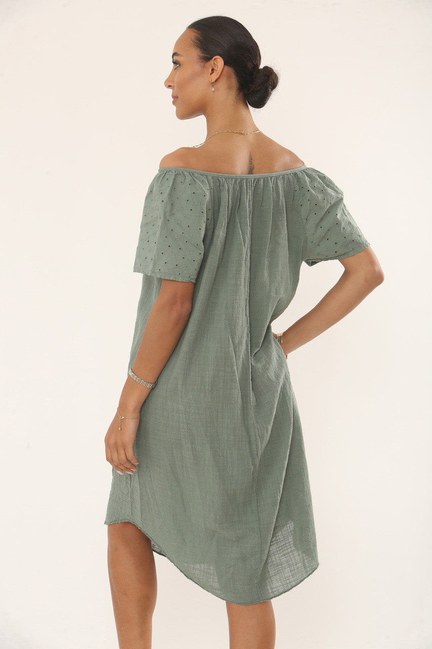 EMBROIDERED EYELET COTTON DRESS  - SAGE GREEN