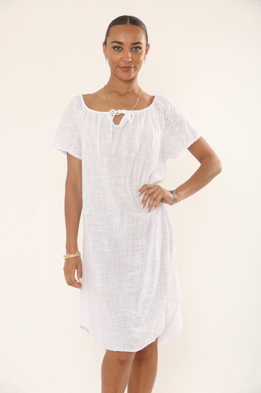 EMBROIDERED EYELET COTTON DRESS - WHITE