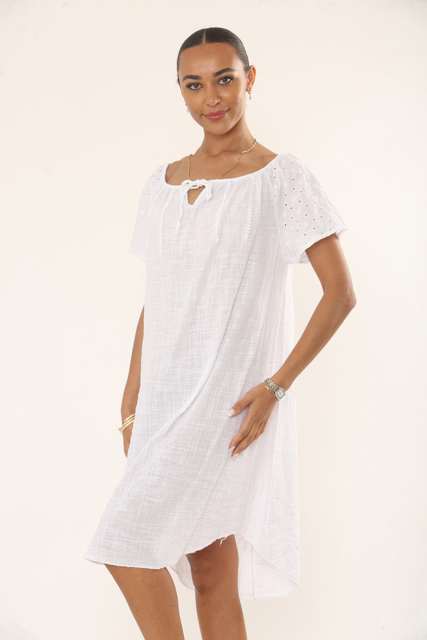 EMBROIDERED EYELET COTTON DRESS  - WHITE