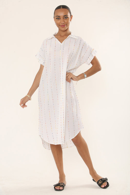 MULTICOLOUR STRIPE EMBROIDERY MIDI SHIRT DRESS - WHITE