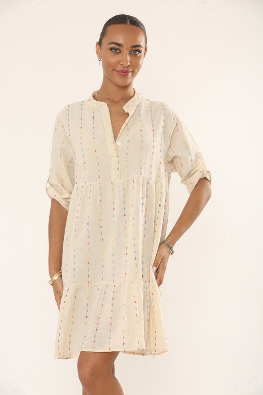 MULTICOLOUR STRIPE EMBROIDERY DRESS- CREAM